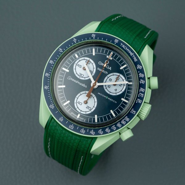 Green rubber strap on moonswatch mission to earth