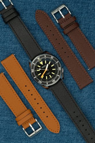 Black Leather watch strap with stitches - Epsom Texture