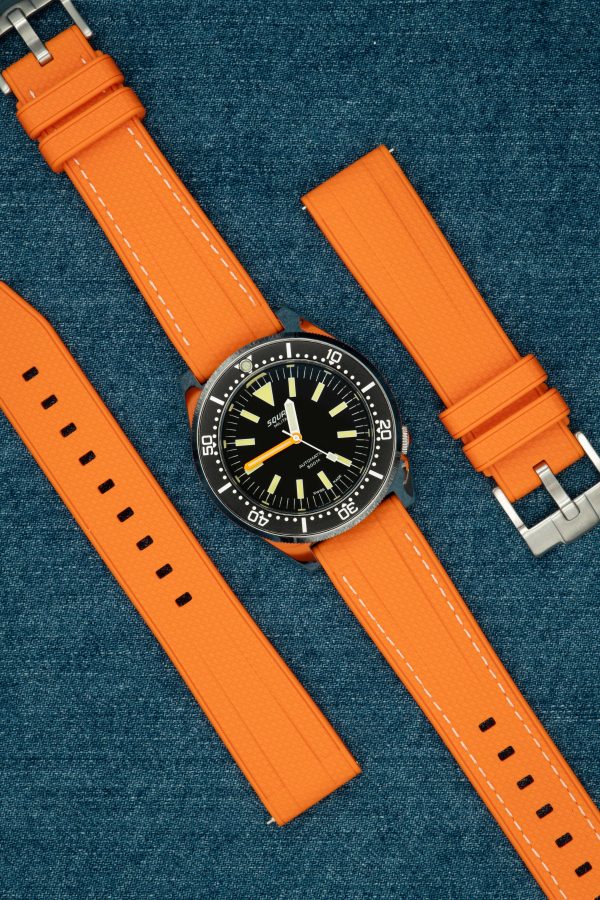 Straight End Rubber Watch Strap - Orange - White Contrast Stiches